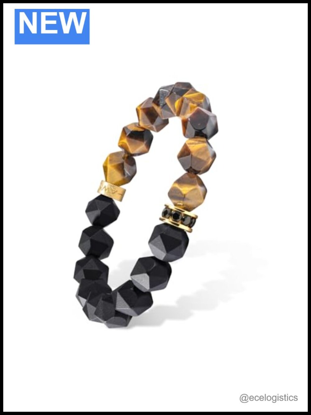 Men's Tiger Eye & Onyx Gemstone Beaded Bracelet, 18k Gold Plated